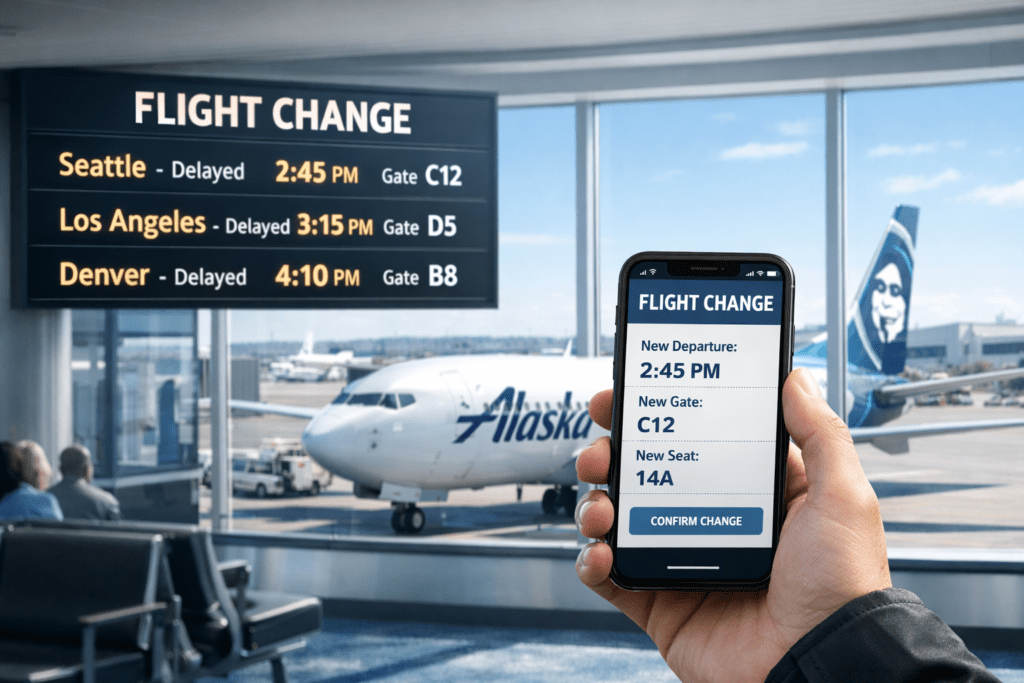 Alaska Airlines flight change process shown on smartphone at airport terminal