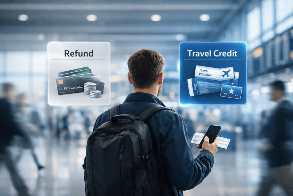 Refund vs travel credit comparison showing airline passenger choosing between cash refund and flight voucher at airport