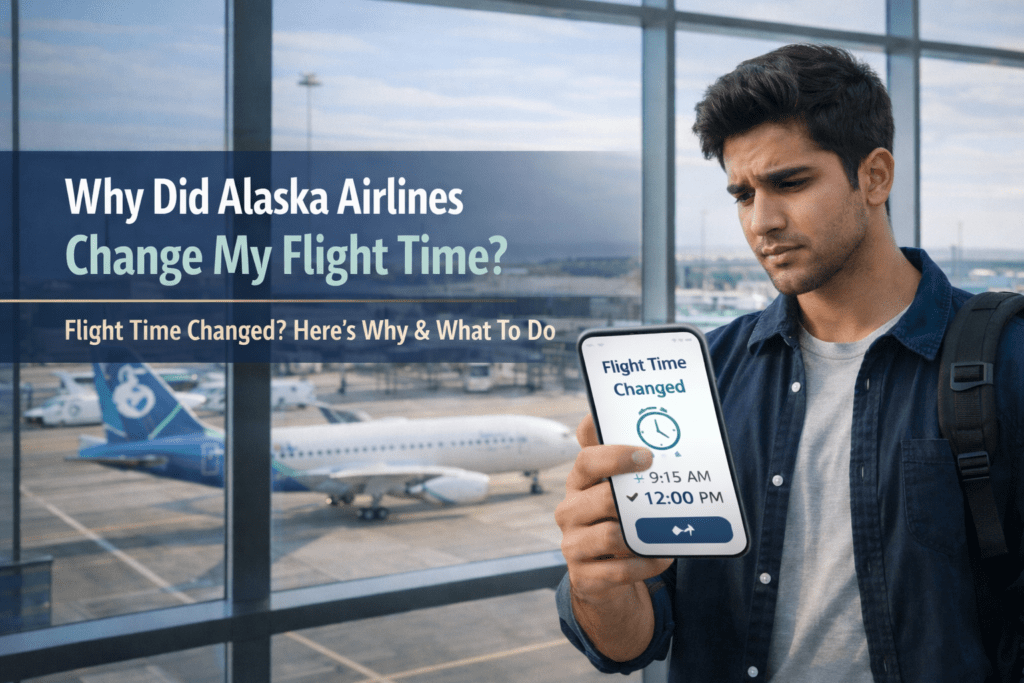 Traveler checking Alaska Airlines flight time change notification on smartphone at airport terminal