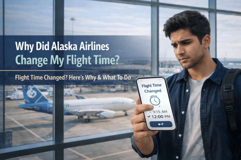 Traveler checking Alaska Airlines flight time change notification on smartphone at airport terminal