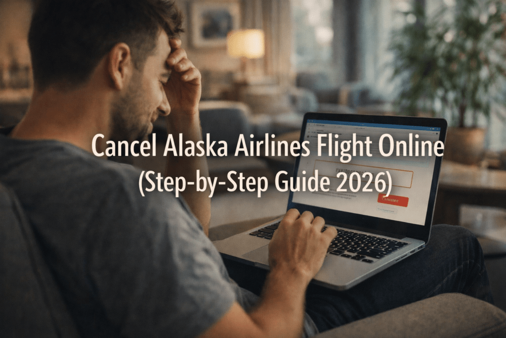 “Traveler canceling Alaska Airlines flight online using laptop step-by-step guide for USA passengers”