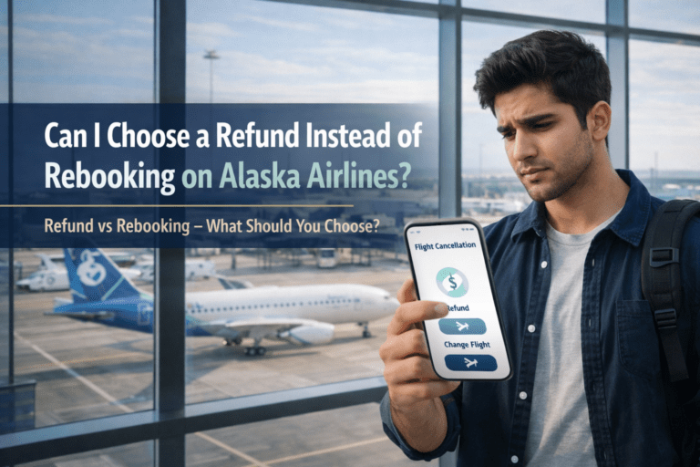 Traveler choosing between refund and rebooking on Alaska Airlines flight cancellation screen
