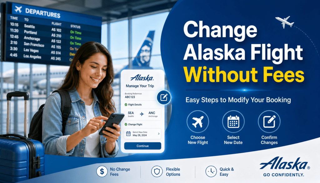 Alaska Airlines change flight without fees guide showing traveler modifying booking at airport